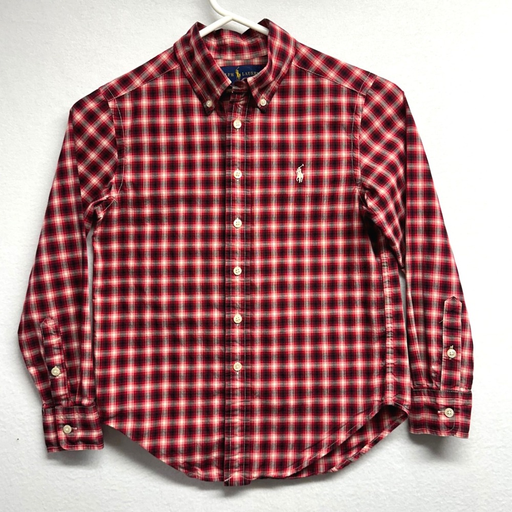Polo Ralph Lauren Shirt Kids Size S 8 Button Down Red Black Plaid Long Sleeves